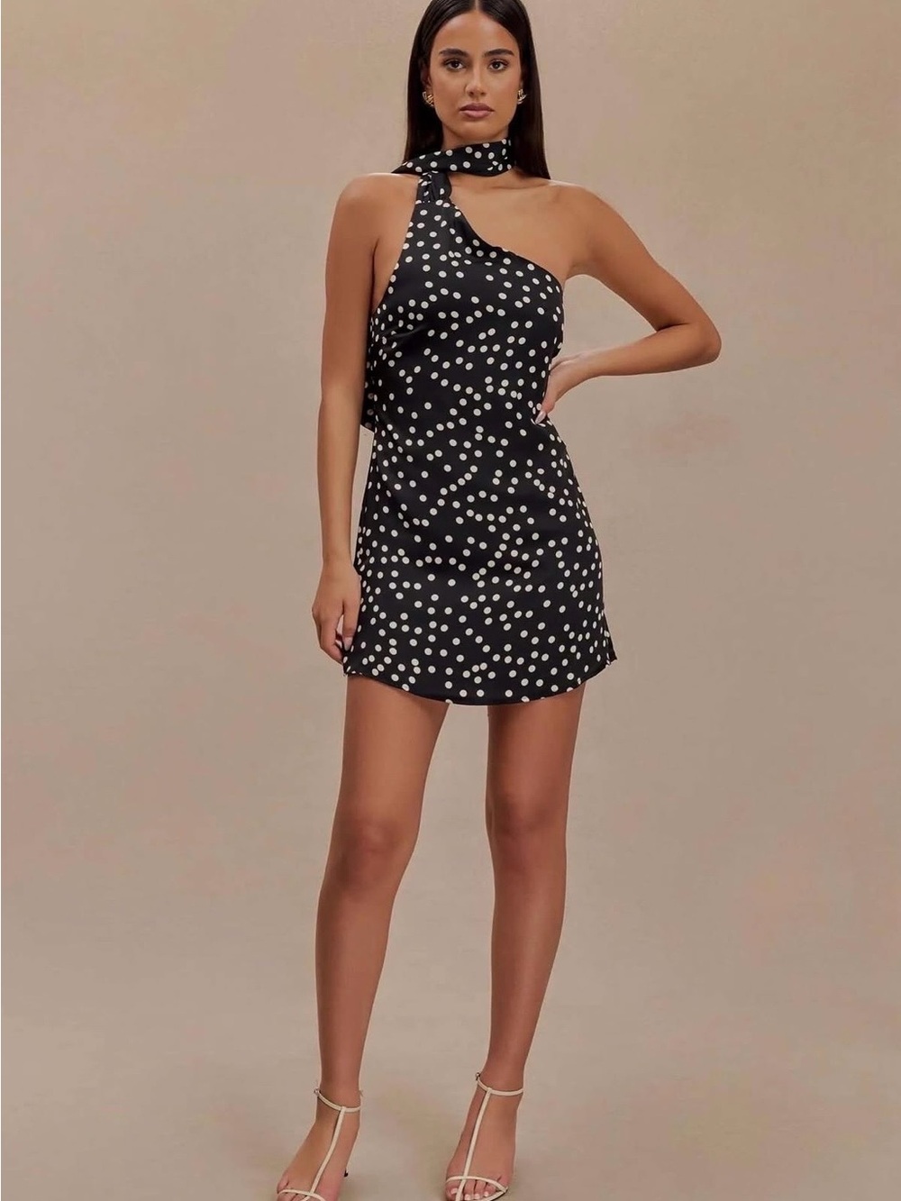 Meshki Black Polka Dot One-Shoulder Mini Dress